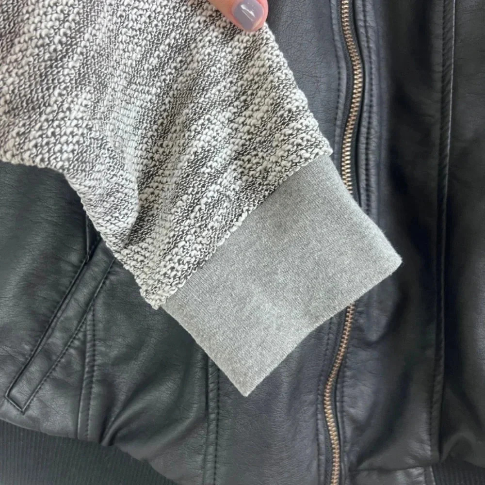Torrid Black Faux Leather & Marled Grey Terry Bomber Jacket Size 1 Hooded - Picture 9 of 10